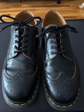 Dr. Marten, Black Leather Wingtip Shoes,Yellow Stitching. Made in   England